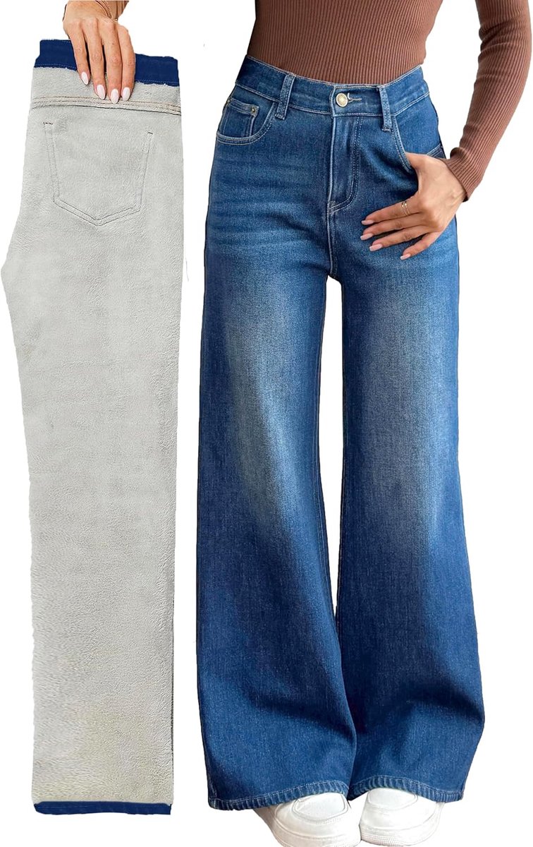 Dames Fleece Gevoerde Brede Pijpen Baggy Jeans Winter Thermische Warme Flanel Jean Losse Y2K Boyfriend Denim Broek