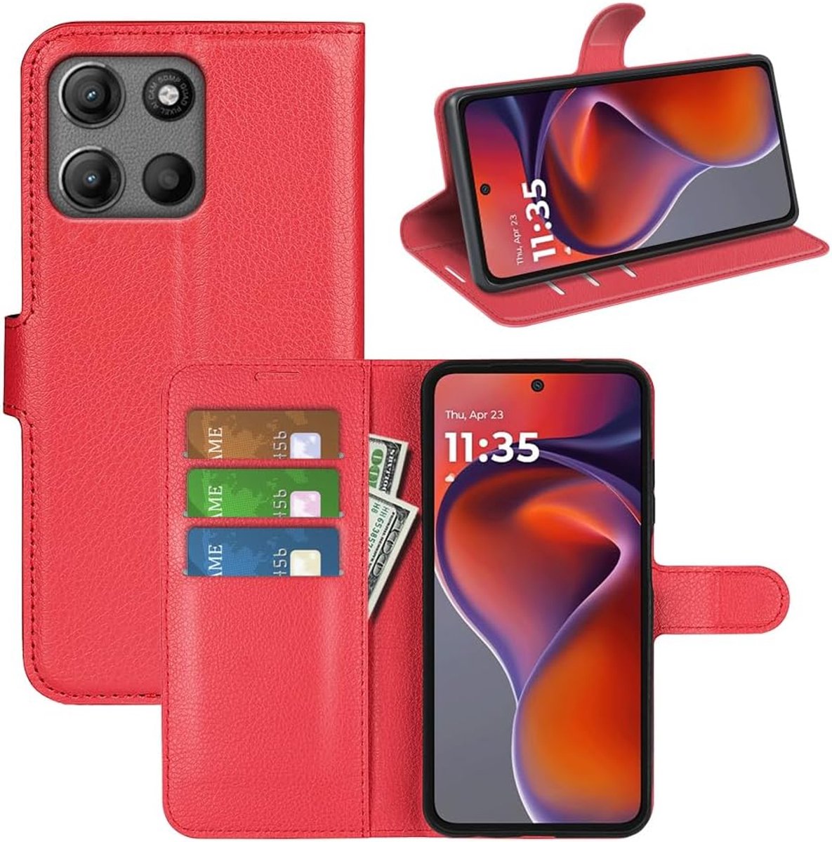 Hoesje voor Motorola Moto G15, Premium Lederen Portemonnee Hoesje Flip Folio Hoesje met Siliconen Bumper [Kickstand] [Kaarthouder] [Magnetische Gesp] Bookcase Skin voor Motorola Moto G15, Rood
