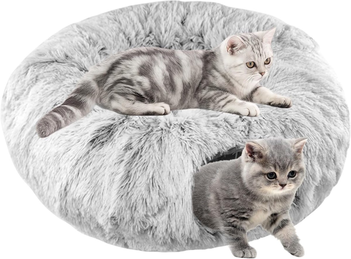 kattenspeelgoed voor binnen katten met pluche kattenbed, tunnel voor katten, rond met hangende bal en kijkgat, voor konijnen, fretten, grijs, 85 x 26 cm
