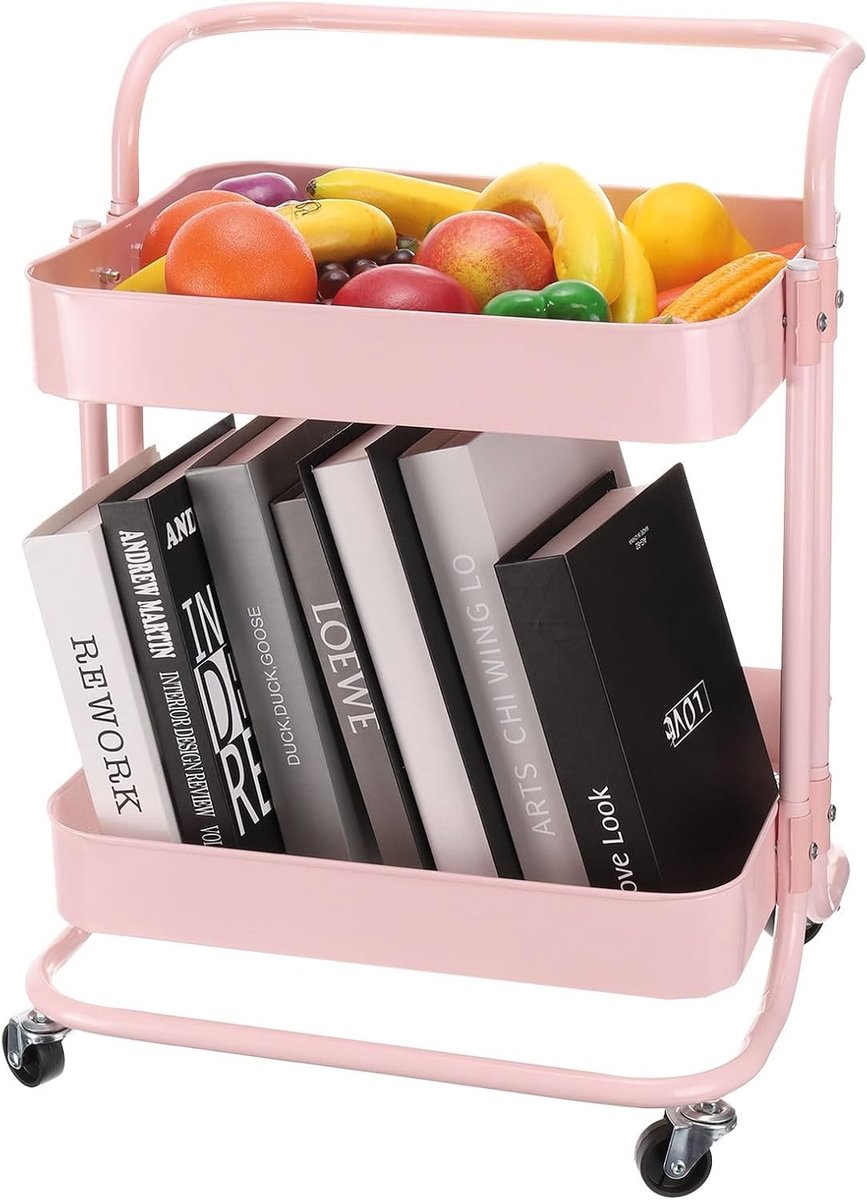 2 Tier Trolley met Handvat en Vergrendelbare Wielen - Keukenwagen, Organizer voor Woonkamer en Slaapkamer in Roze