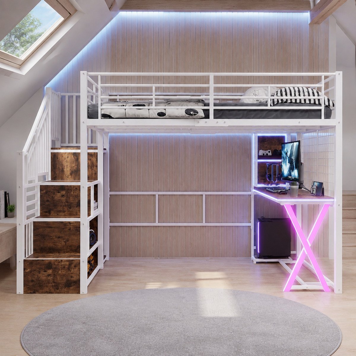 WUVRIE Hoogslaper 140 x 200 cm met bureau, kledingkast, opbergtrap, planken en ledverlichting, wit