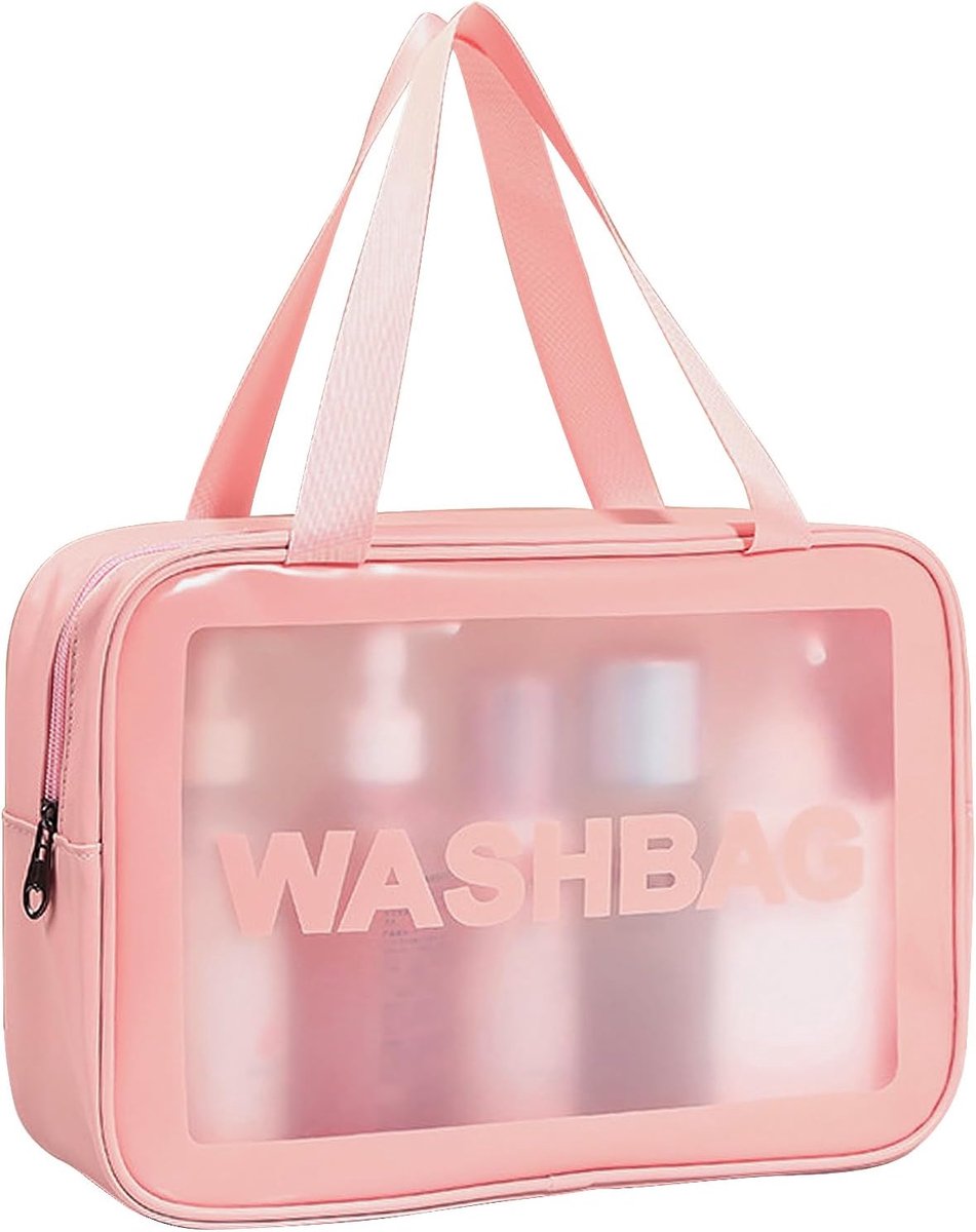 Make-uptas, reistoilettas voor dames en heren, transparante toilettassen, waterdichte koffers, draagbare make-uptas, voor badkamer, vliegtuig, Roze, 31 x 21 x 12 cm, Modern