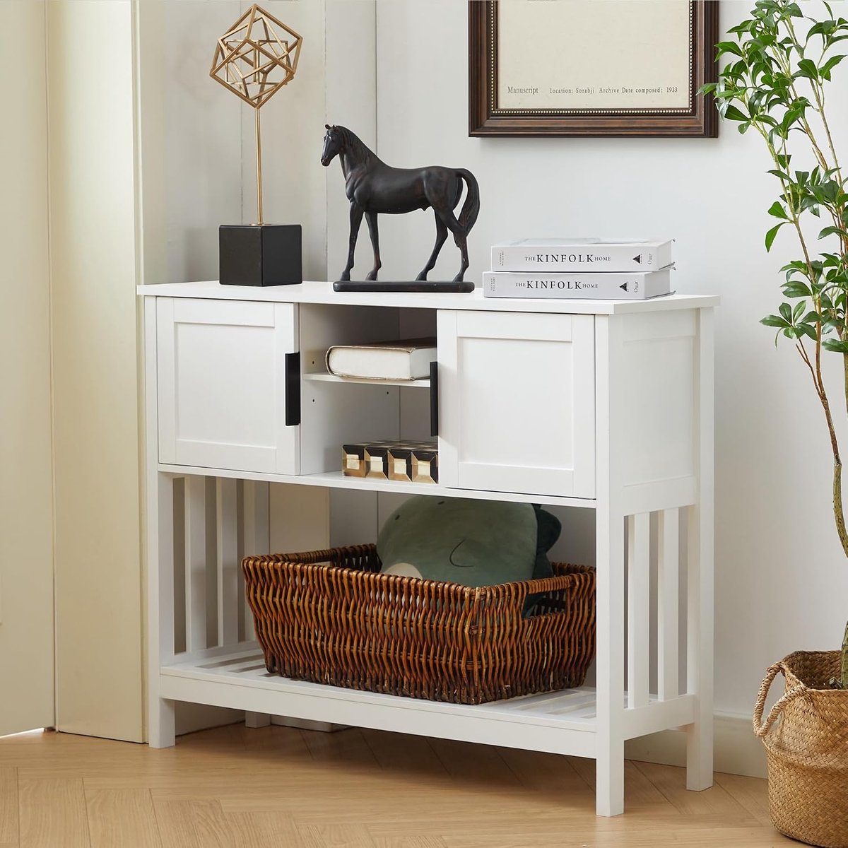 halmeubel, smal met kasten, houten console met plank, entree, woonkamer, consoletafel, bijzettafel, dressoir, smal, 30 x 100 x 75,5 cm, wit - 2 deuren (wit - 2 deuren)