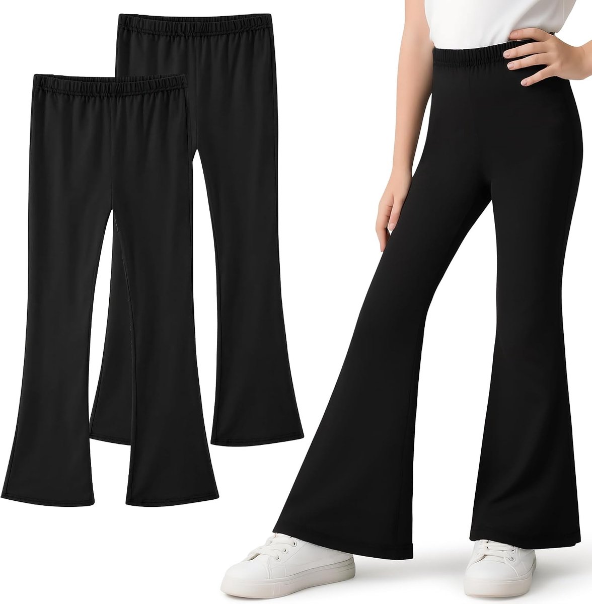 meisjeslegging katoenen broek met wijde pijpen, 2-pack kinder stretch ademende flared sportlegging basic bootcut broek effen kleur dans yoga broek actieve kleding voor 5-16 jaar