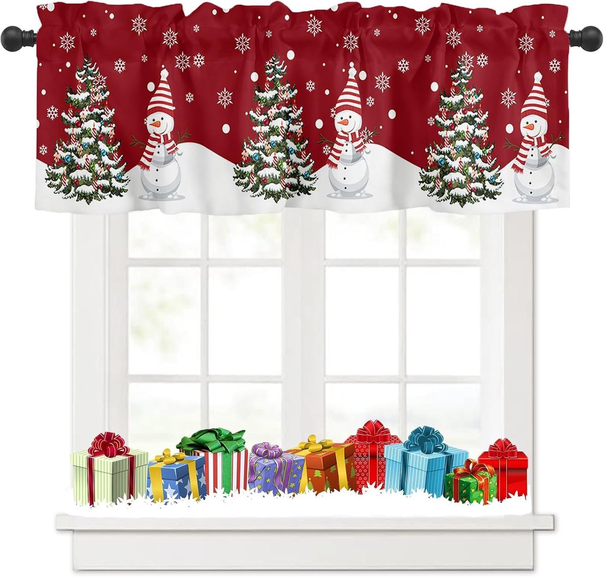 gordijnen, decoratief kerstgordijn, rood gordijn, de sneeuwpop, kerstboom, sneeuwvlokken, patroon, ondoorzichtig, bistrogordijnen voor keuken, raam, 137 x 45 cm (b x h)