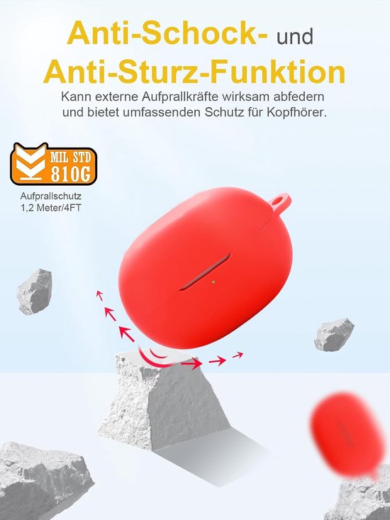 Voor EarFun Clip Wireless Headphones, daunke zachte siliconen beschermhoes, huidvriendelijke etui met karabijnhaak, volledige bescherming, rood — afbeelding 3