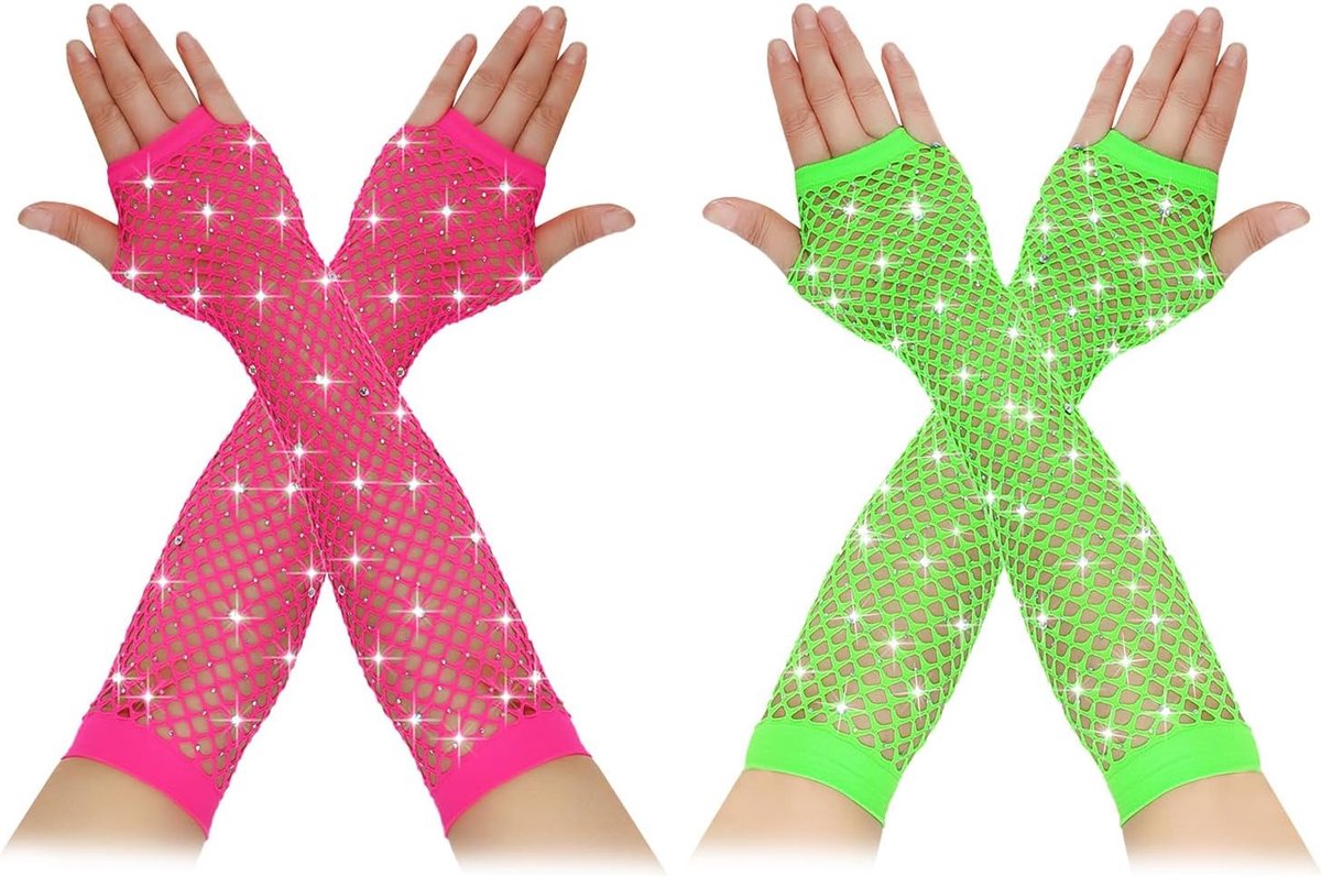 Handschoenen, 2 paar lange vingerloze visnet-handschoenen, strass-steentjes, visnetmouwen, sprankelende glitters, visnet, mesh handschoenen voor jaren 80-feest, verkleedkostuum