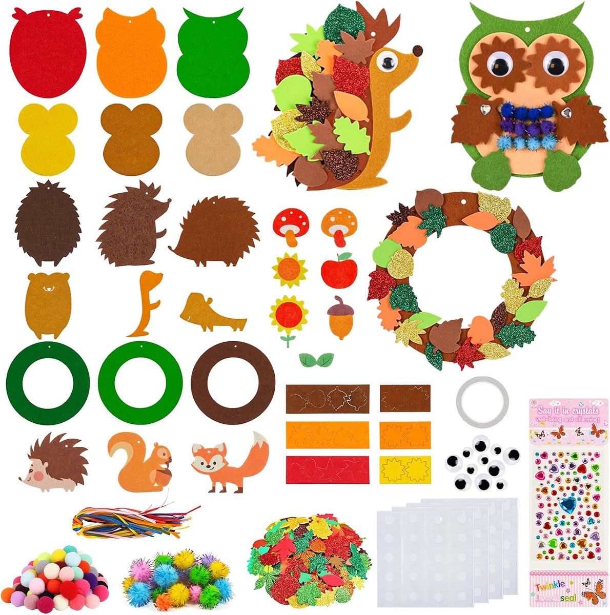 Knutselen voor kinderen, vilten knutselset ter decoratie, knutselset voor herfst, knutselset voor kinderen, met egel, uil, kransen, voor knutselprojecten, activiteiten op school
