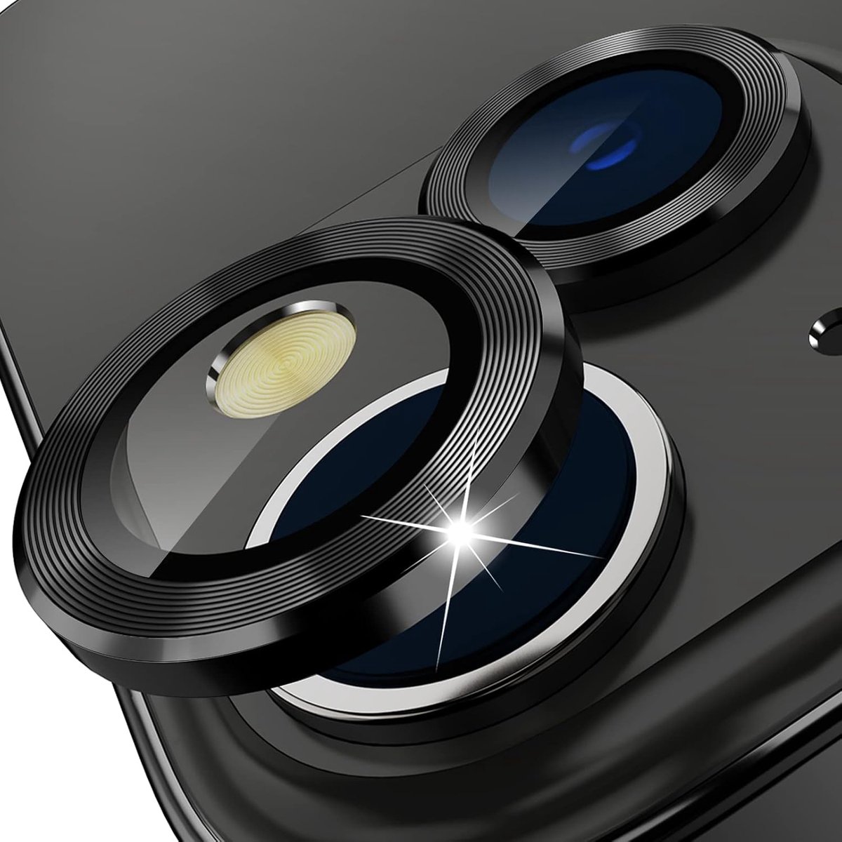 Imluckies Camerabescherming compatibel met iPhone 14/14 Plus & iPhone 15/15 Plus lens beschermfolie, anti-kras HD gehard glas lens beschermkap, metalen individuele lensring, zwart