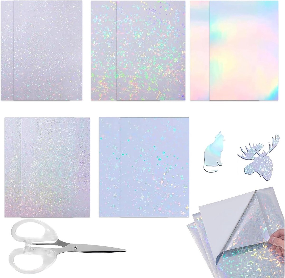 Stickerpapier A4 10 stuks – zilver glanzend knutselpapier – 5 patronen – zelfklevend – voor scrapbooking, DIY decoratie, kaarten maken – veelzijdig en creatief