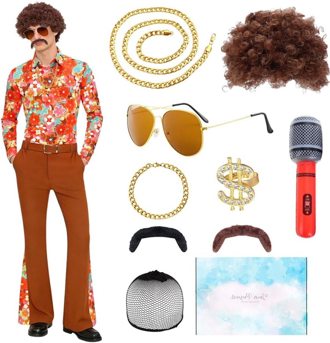 Discokostuum voor heren, discokostuum uit de jaren '70, incl. accessoires voor discotheken en pruik, jaren 70-kostuum, feestkostuum, cosplay, retro, carnaval, Halloween