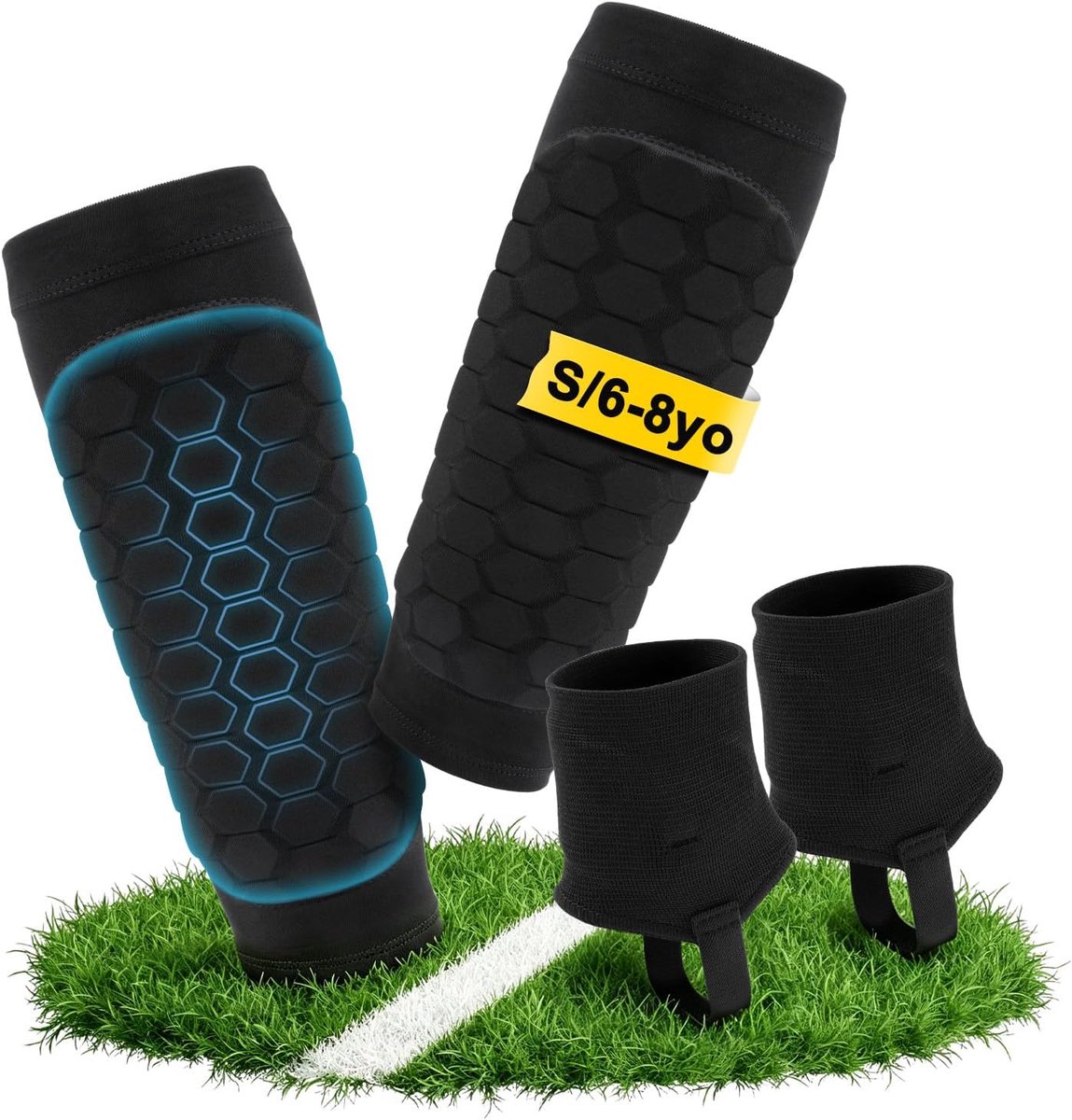 Scheenbeschermers voor kinderen, voetbal, met enkelbescherming, voor kinderen van 6-8 jaar, elastisch, ademend, antislip, schokdemping, ultralichte scheenpads voor kuitbescherming, enkelbescherming