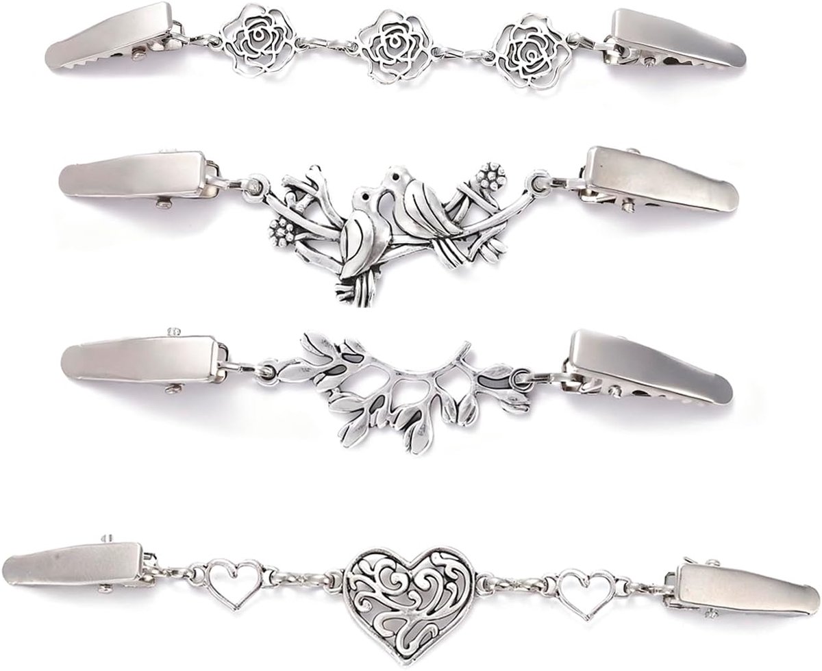 4 stuks cardigan-clips, 4 stijlen vintage cardiganclips, cinch-clip in verschillende lengtes, blouses, jurken, kraagsluiting, clips voor kleding, retro, elegante gebreide jas, accessoires