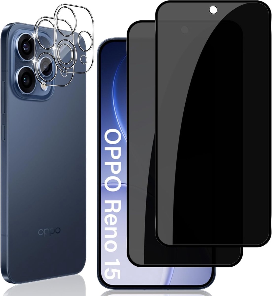 Inkijkbescherming voor Oppo Reno 15 pantserglas, 2 stuks anti-spy pantserbescherming glas en 2 stuks camerabescherming, 9H hardheid, anti-kras, privacy-displayfolie