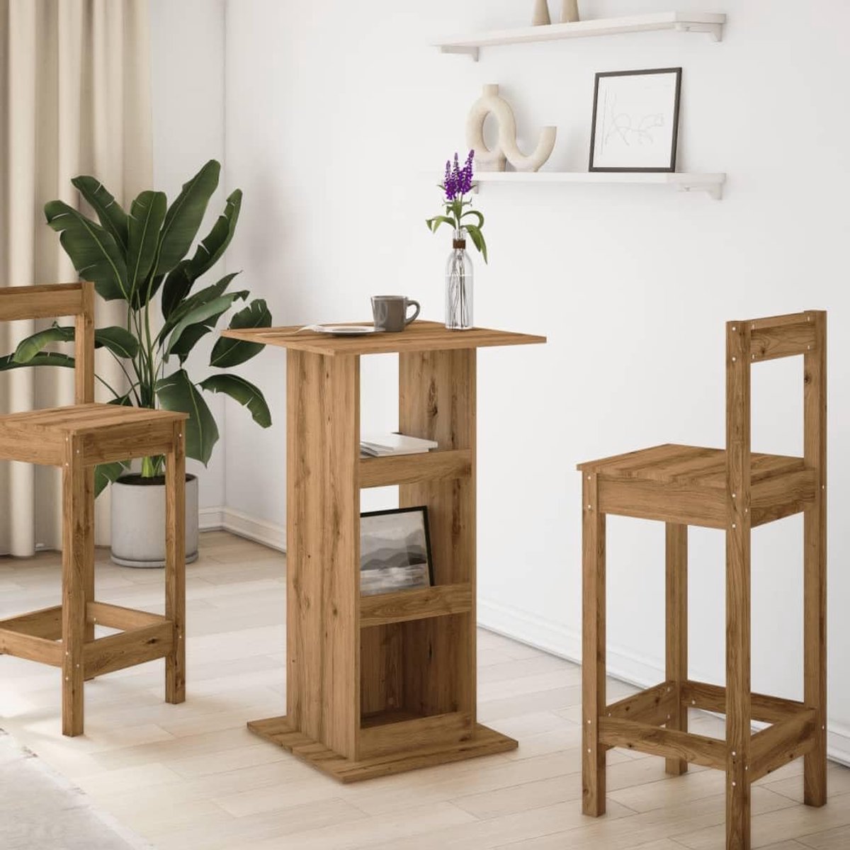 Bartafel met legplanken, Artisan eiken, 60 x 60 x 102 cm, van houtmateriaal, statafel met 3 vakken voor flessen en servies, veelzijdig als bistrotafel of bijzettafel te gebruiken