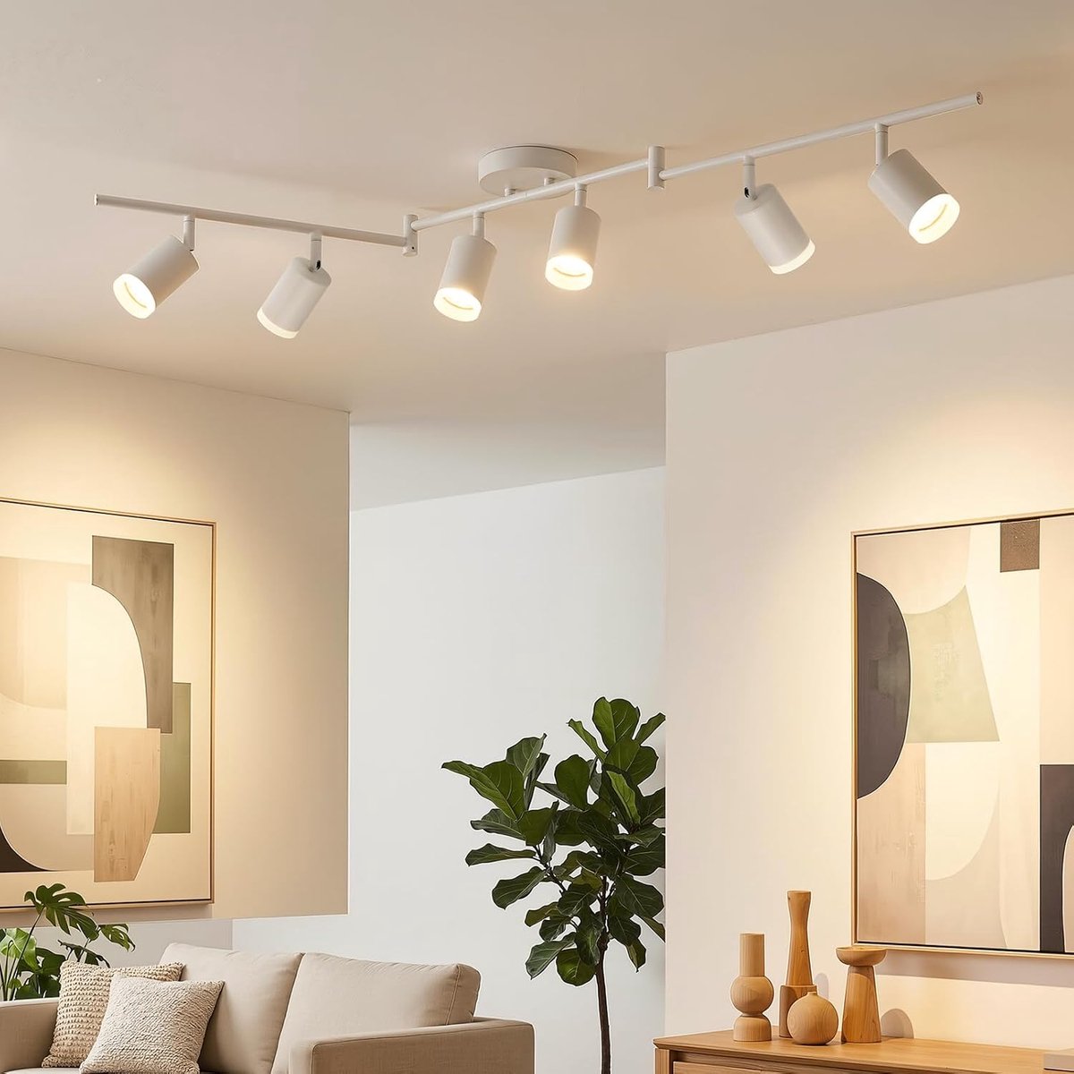 Witte led-plafondlamp, 6 spots, keuken, licht, draaibaar, nauwkeurige verlichting, kroonluchter, GU10, plafondlamp, lange lamp, leuning, spot op rail voor binnen, woonkamer, kantoor, slaapkamer