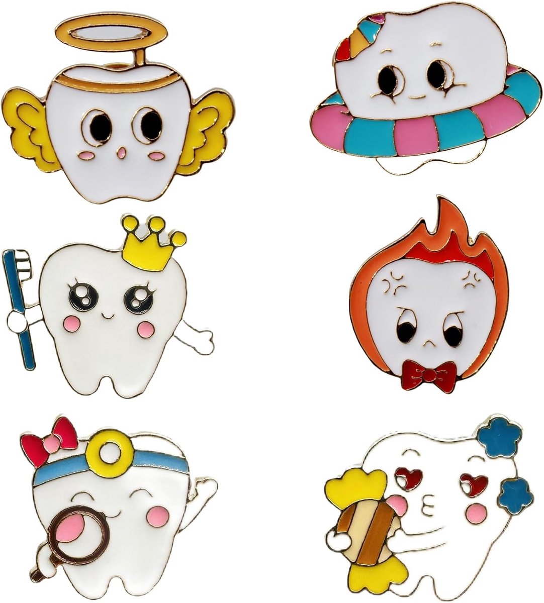 6 stuks broche in tandvorm, tandclips, geëmailleerde pinnen voor tandartsen met schattige cartoons, grappige reversspelden met tanden, tandcadeaus voor artsen en verpleegsters