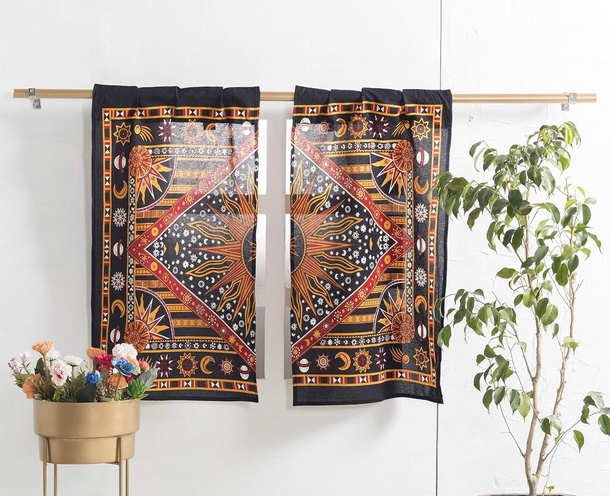 Handicrafts Indiase brandende zon hippie mandala keuken raamgordijnen - zigeuner Boheemse zon maan mooie gordijnen slaapkamer woonkamer balkon volant panelen goud