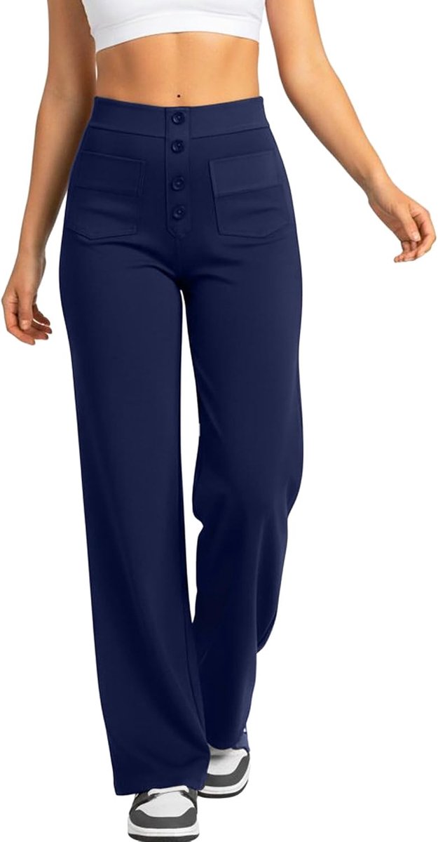 Damesbroek met hoge taille, werkbroek, kantoor, casual, wijde pijpen, elegant, met zakken