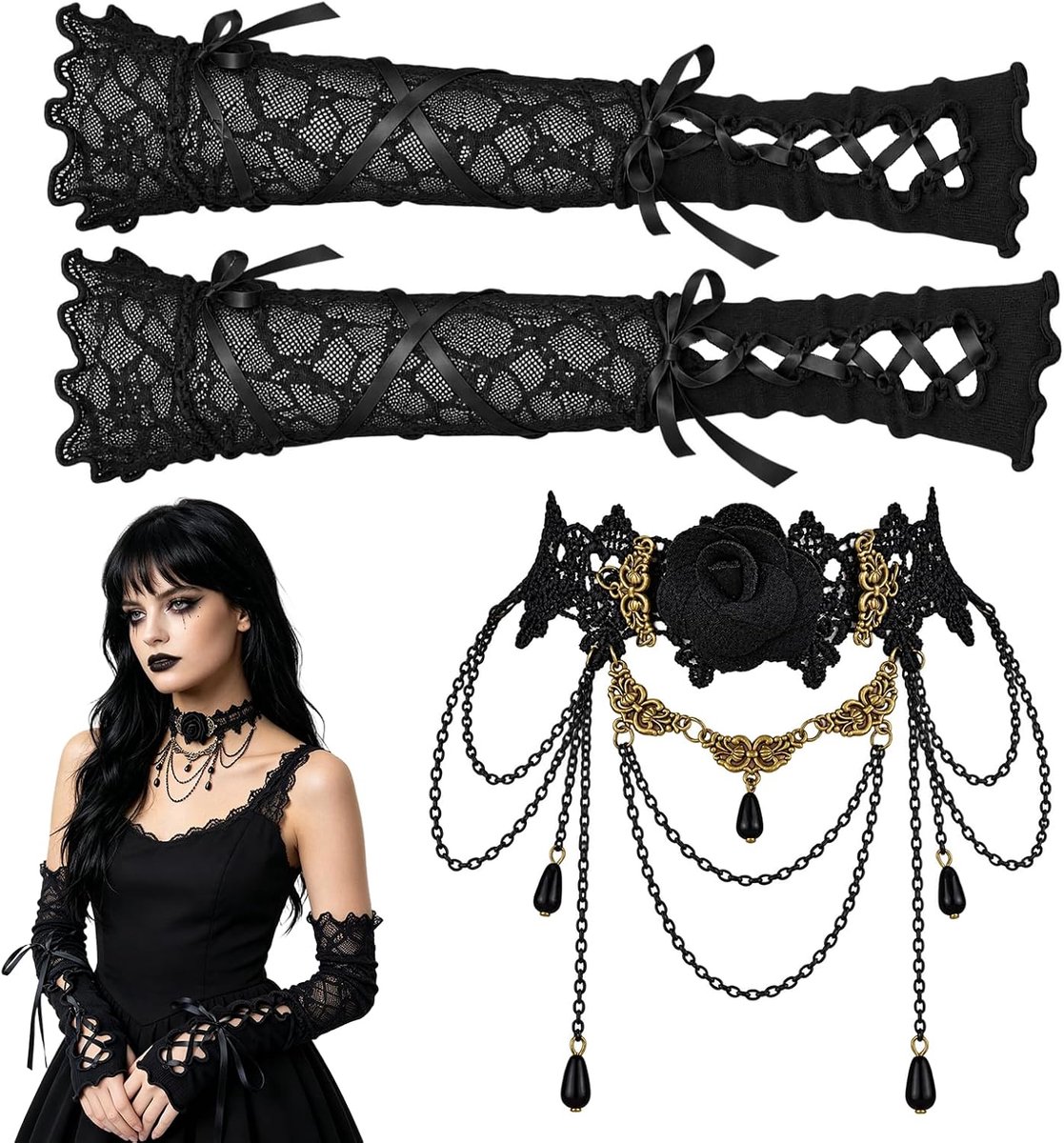 Handschoenen Zwarte met Choker, Halloween Accessoire