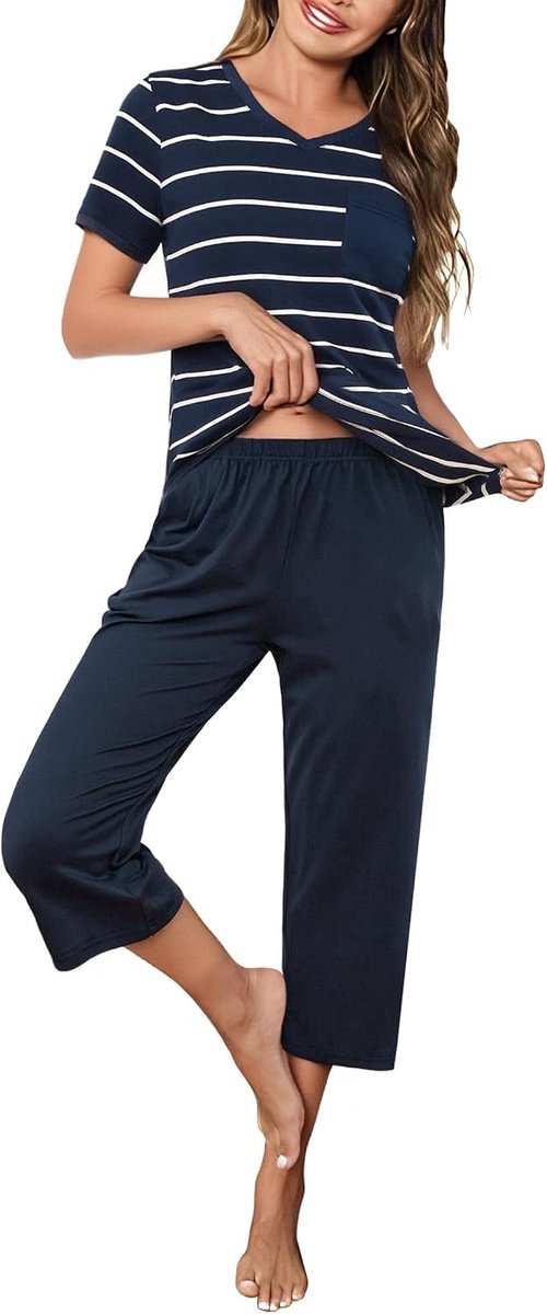 Pyjama voor dames, katoen, comfortabel, gestreept, licht, nachtkleding, V-hals, pyjama, tweedelig, korte mouwen met zakken, S-XXL