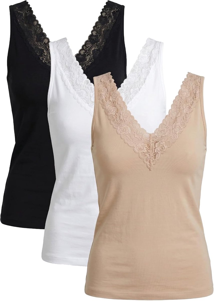 Set van 3 damestops met V-hals en kanten rand, elastische mouwloze basic camisoles, comfortabel nauwsluitend onderhemd, veelzijdige top voor dagelijks gebruik en vrije tijd