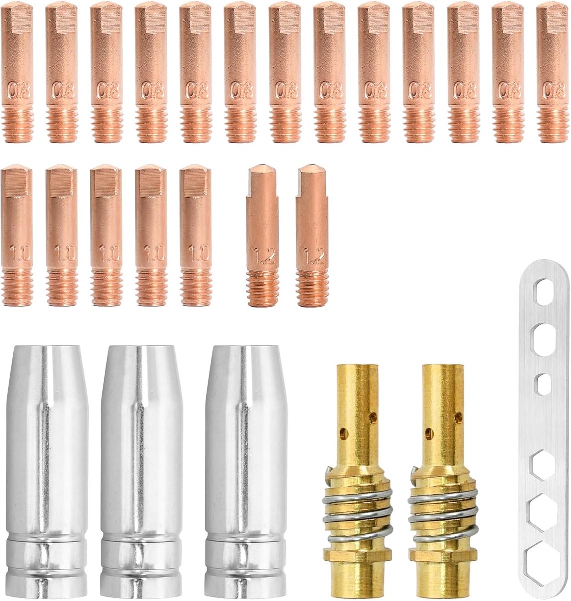 26 stuks MIG-lascontacttips, MIG-lastips, laspistoolaccessoires voor MIG15AK accessoireset (0,8 mm, 1,0 mm, 1,2 mm uiteinden)