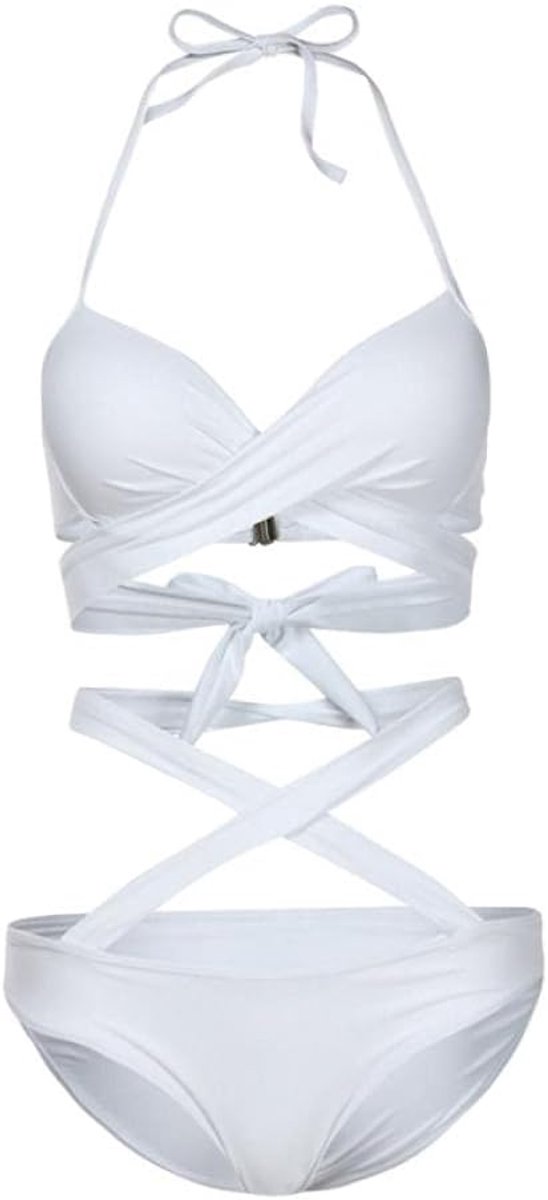 kleding Vrouwen Sexy Effen Bandage Hoge Taille Badpak Strand Badpak Set-Blanco_XL