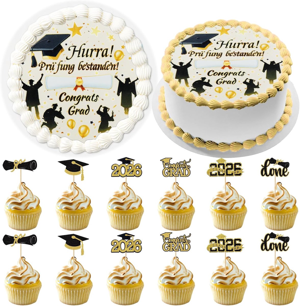 Decoraties voor de afstudeertaart 2026, 12 glitter cupcake toppers voor de afstudeertaart 2026, inclusief 1 eetbare taarttopper, afstudeerdecoraties, decoraties voor de vrijgezellenhoed