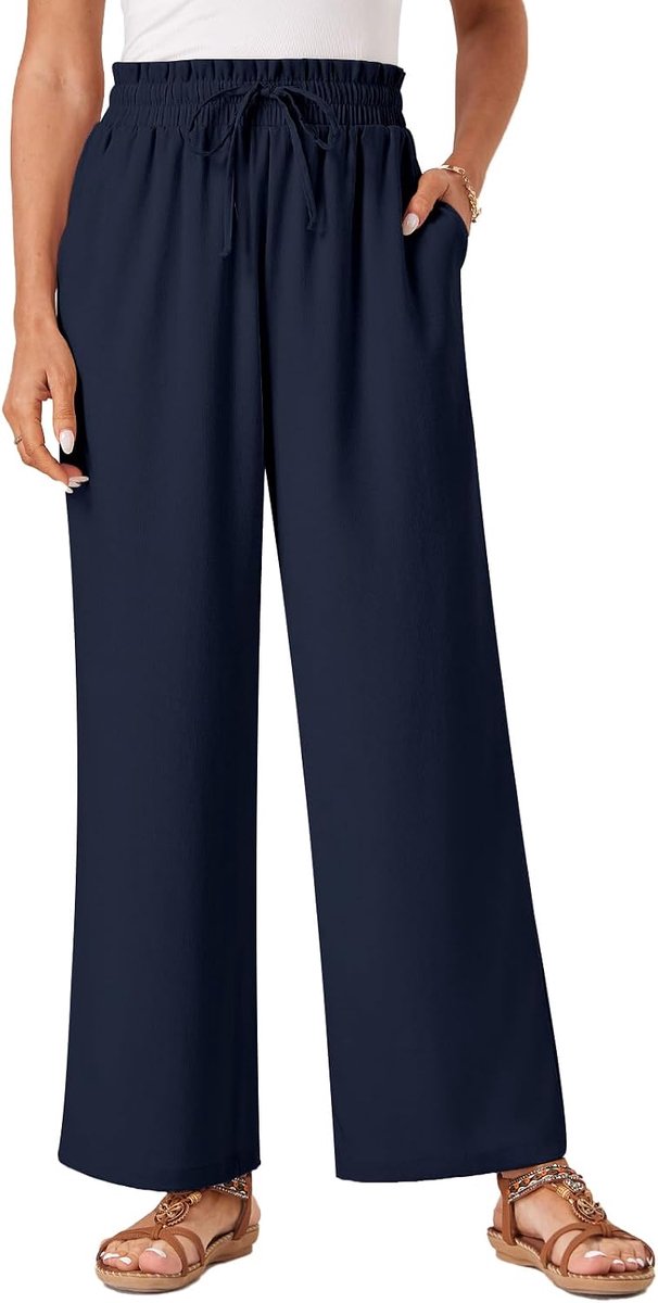Damesbroek, casual, flowy brede pijpen, vrijetijdsbroek, hoge taille, trekkoord, Palazzo broek met zakken