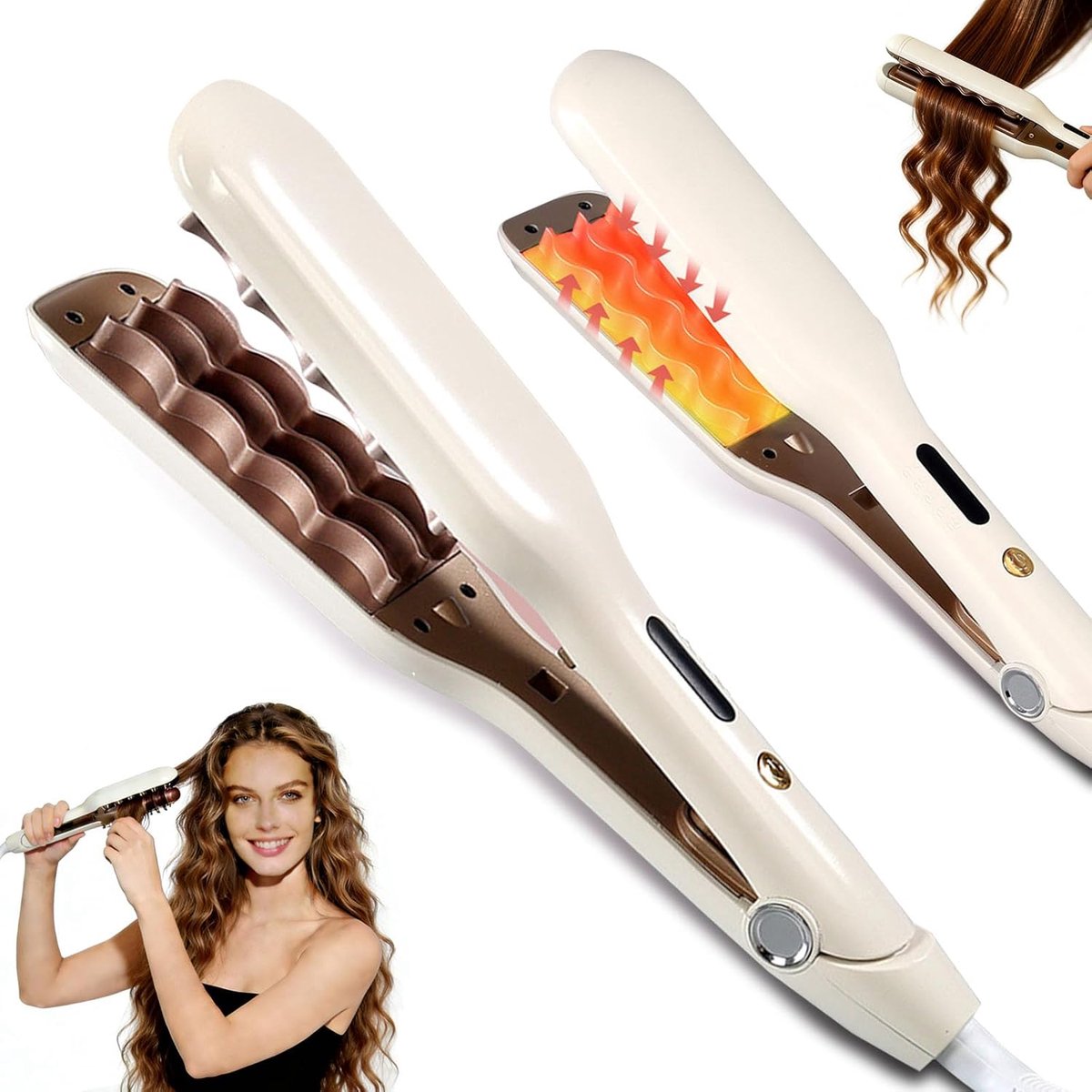 Draadloze stijlborstel met 5000 mAh, 30 seconden snelle opwarming Hair straightener, 160-220 °C 7 temperatuurinstellingen, 2-in-1 negatieve ionen reisstijltang met noodlading (goud)