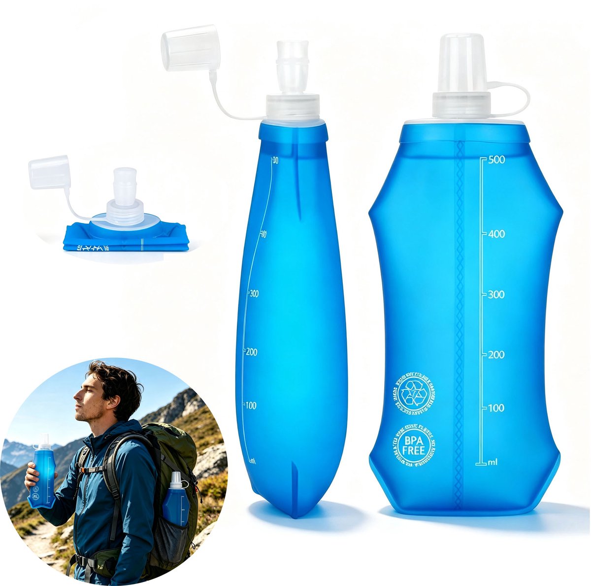 2 Stuks 500 ml Ultralichte Opvouwbare Drinkfles, Sportdrinkzak Van 33g, Lekvrije Draagbare Drinkfles Met Standaardopening Van 20 Mm – Onmisbaar Voor Hardlopen, Wandelen En Fietsen