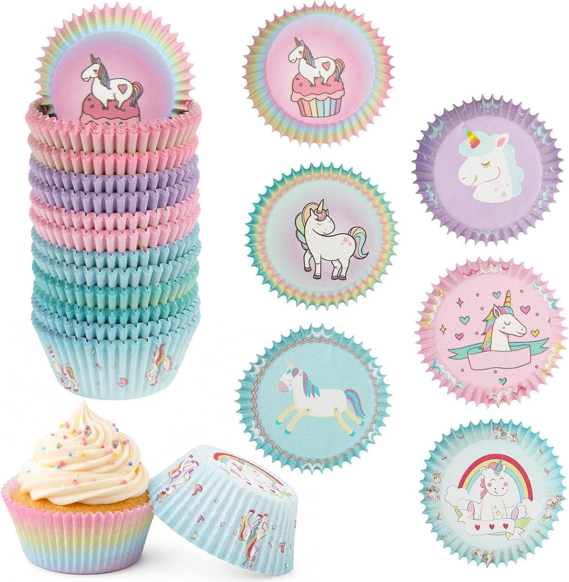300 stuks eenhoorn-muffinvormpjes, papier, mini-muffins, papieren vormen voor eenhoornfeest, cupcake-bakken, papieren vormpjes, regenboog, voor decoraties, meisjes, kinderen, verjaardagsaccessoires
