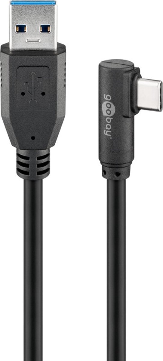 Goobay USB-C naar USB-A-kabel 90°, 1,5 m, zwart, 15 W, 3 A, 5 Gbit/s, USB 3.0