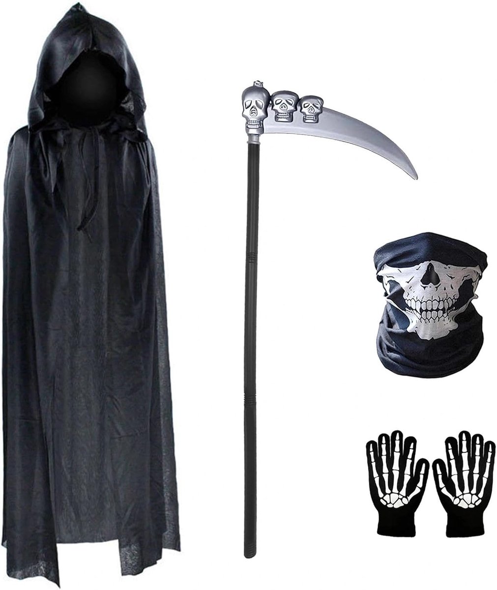 4 stuks Halloween kostuum dames met masker handschoenen Sense cape