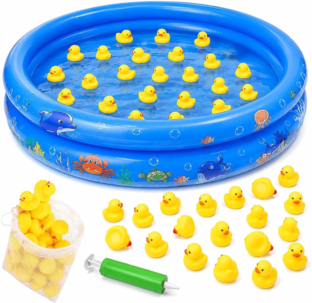 25 stuks mini-kinderbadjes met piepende eend en luchtpomp, 90 x 20 cm, kinderbadje, opblaasbaar zwembad, 2 ringen, opblaasbaar bad, voor waterspelletjes, baden, zomerfeesten