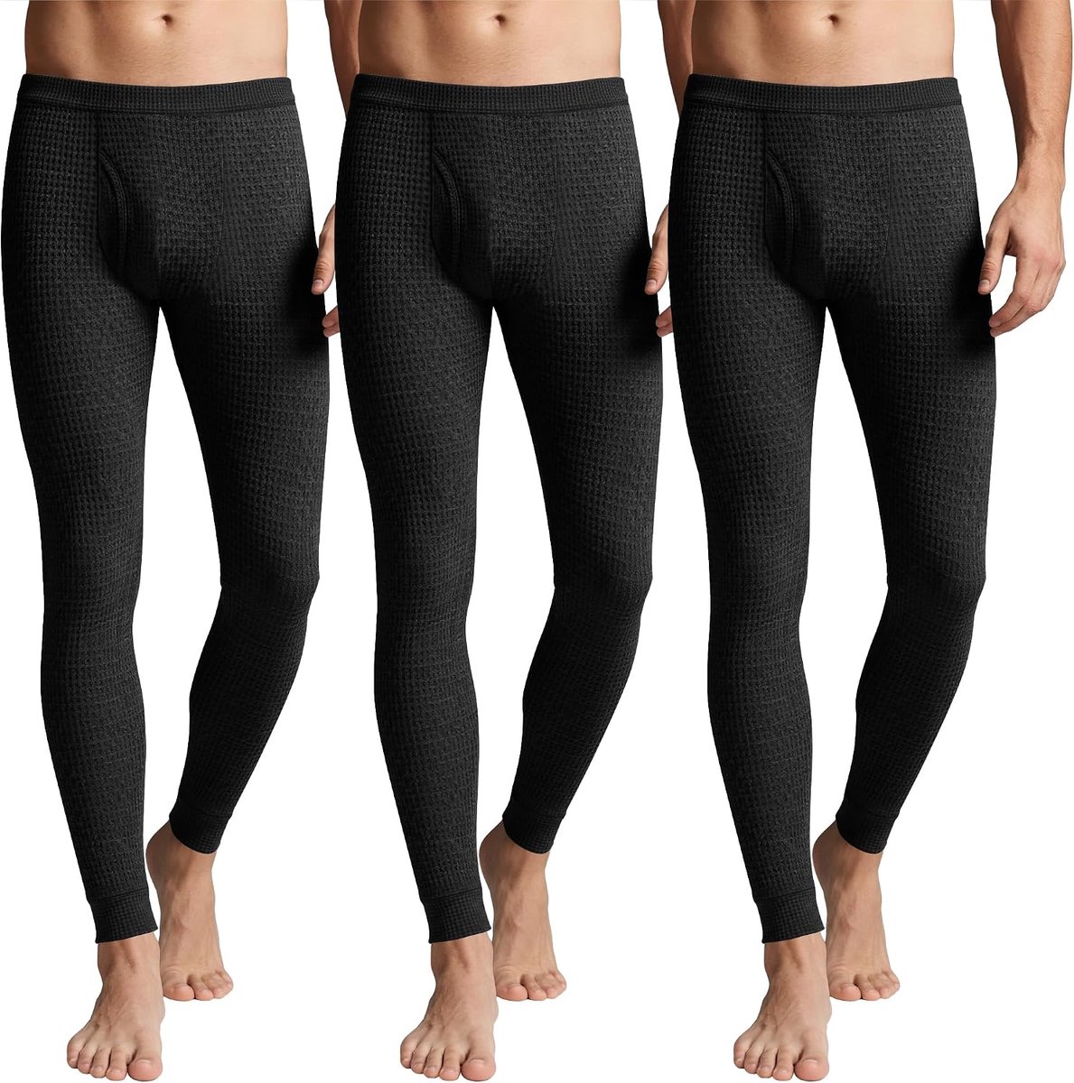 3 Stuks Heren Wafel Thermische Lange Onderbroek Zachte Onderlaag(S,Zwart)