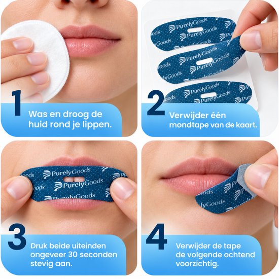 Quatre étapes: nettoyer la peau, retirer le ruban buccal, appliquer et retirer le lendemain matin. Le ruban est bleu avec un motif blanc.