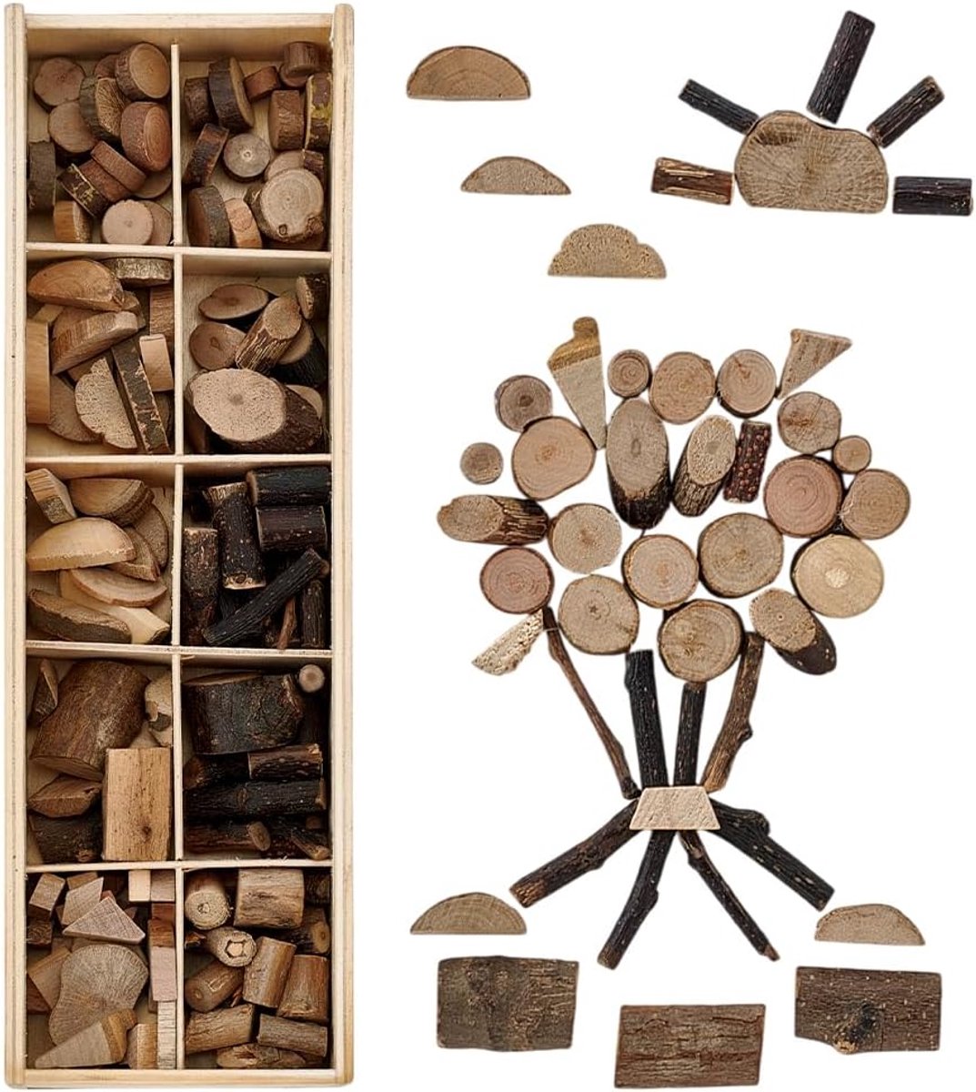 Onbewerkte houten knutselstukjes in verschillende vormen en maten, natuurlijk hout, set voor schilderen, bouwen en sorteerspellen