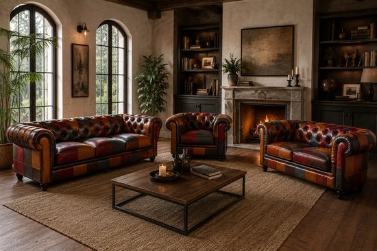 Een woonkamer met een Chesterfield bank en fauteuil, bestaande uit gekleurde leren patchwork panelen.