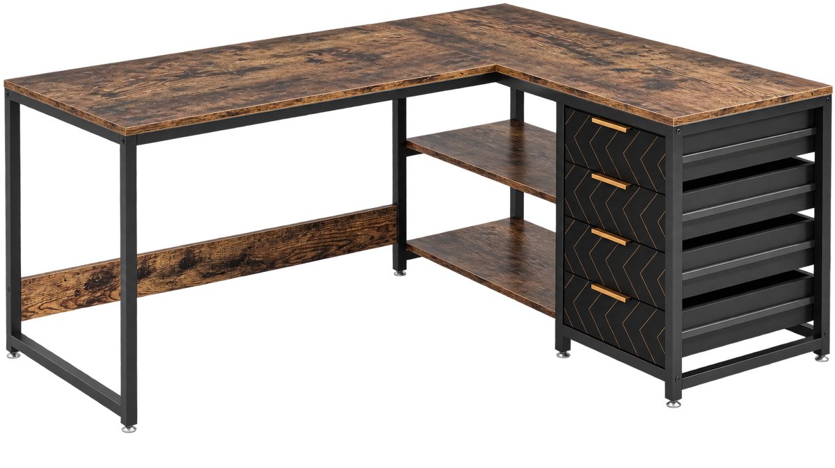 Sellino Computerbureau - L-vormig bureau - 4 lades en opbergplanken - Metaal - Bruin - 150 x 75 x 55 cm