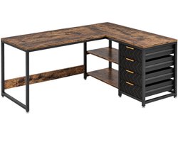 Sellino Computerbureau - L-vormig bureau - 4 lades en opbergplanken - Metaal - Bruin - 150 x 75 x 55 cm
