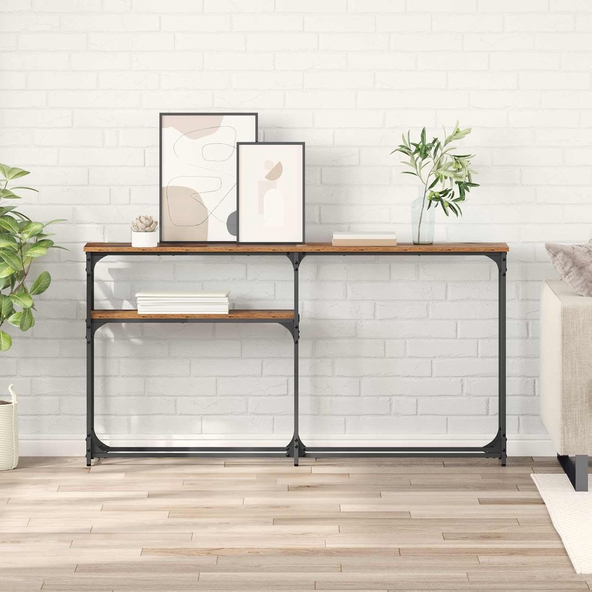 consoletafel 145 cm met plank, oppervlak van hout en robuust stalen frame, gepoedercoat, slank design voor woonkamer, urban loft-stijl, onderhoudsvriendelijk