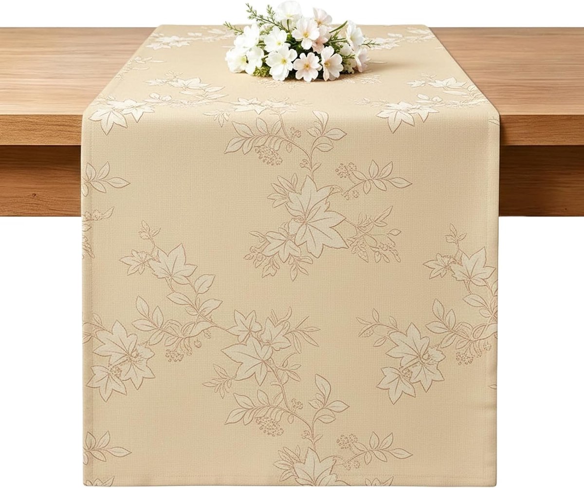 Tafelloper herfst, esdoornblad, seizoensgebonden keuken, afwasbaar, herfstloper, linnenlook, herfstdecoratie, vakantie, feest, Thanksgiving, binnen, 40 x 180 cm, beige