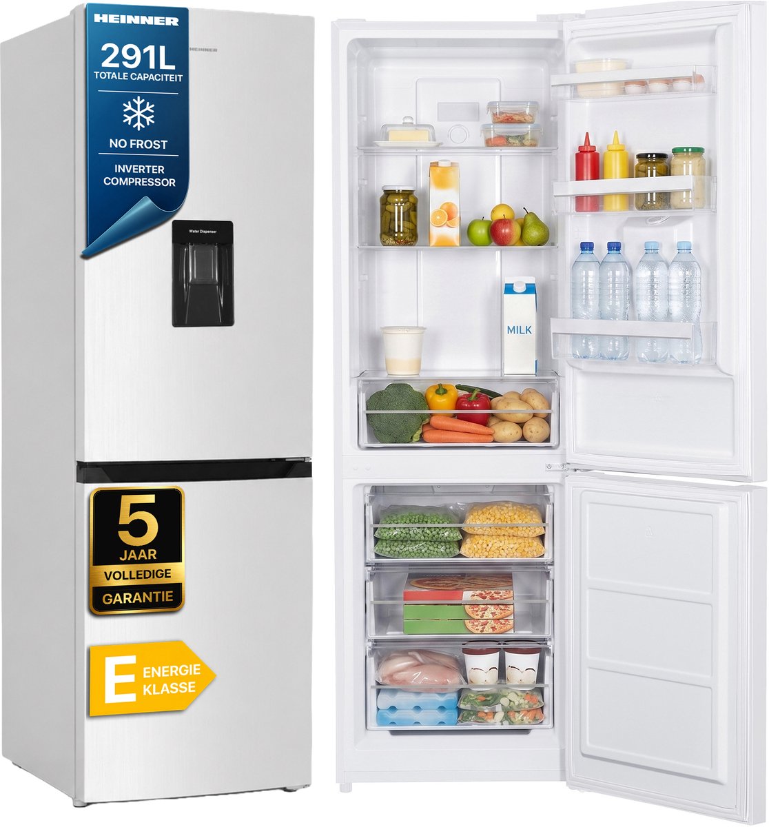 Heinner HCNF-HM291INVWDE++ Koel-vriescombinatie Wit – 291 L – No Frost met Waterdispenser – Vrijstaand – 5 Jaar Garantie