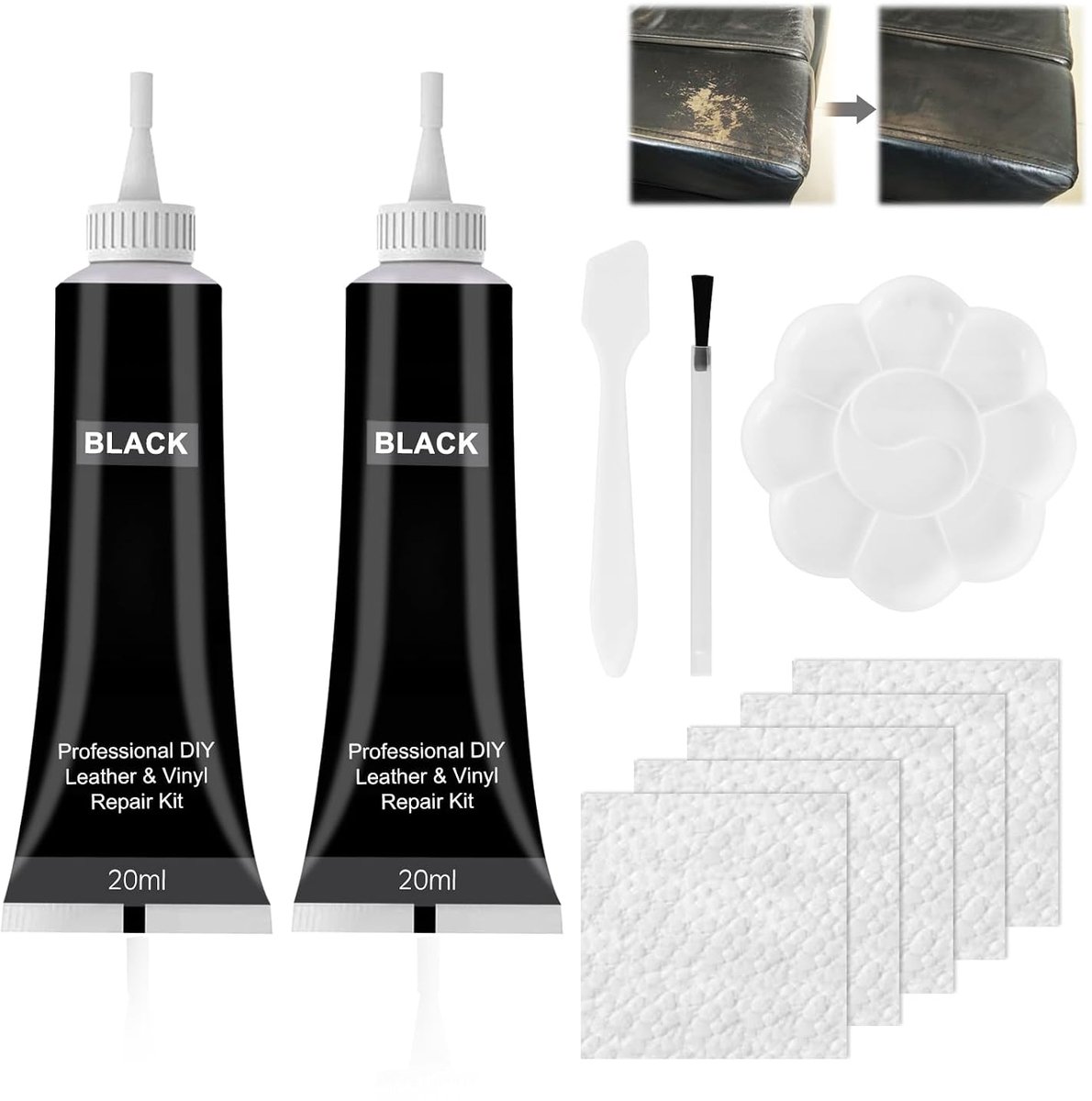 Lederreparatiepasta, reparatiepasta voor leer, reparatiecrème, lederreparatieset voor het repareren van scheuren in meubels, bank, jas, bootstoel, 2 stuks, zwart
