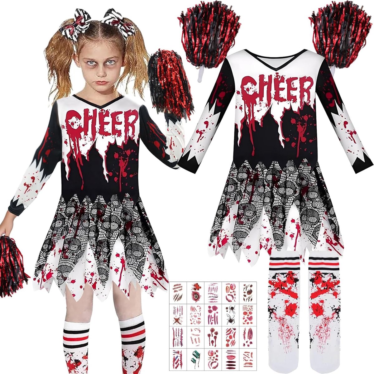 Kostuum meisjes cheerleader kostuum kinderen cheerleader kostuum kinderen cheerleaders jurk cheerleaders jurk met pompons sokken en tattoo-stickers voor feestjes, carnaval, cosplay