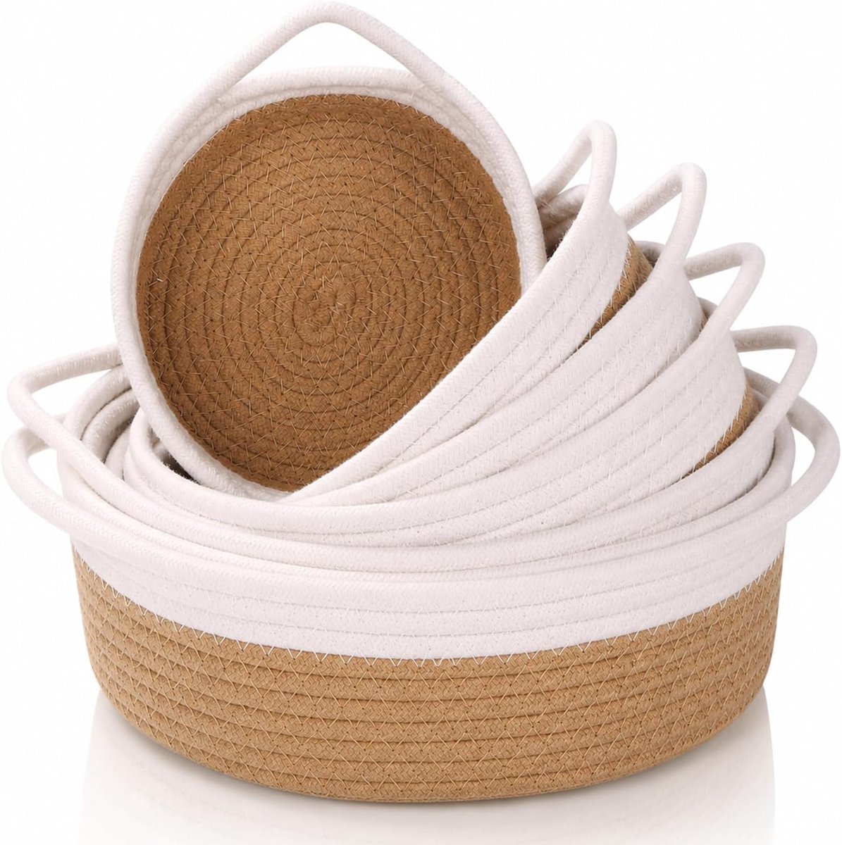Set van 5 gevlochten opbergmanden, katoenen touw, met handgrepen, opbergmanden, stapelbare geschenkmand voor badkamer, kinderkamer, slaapkamer en commode