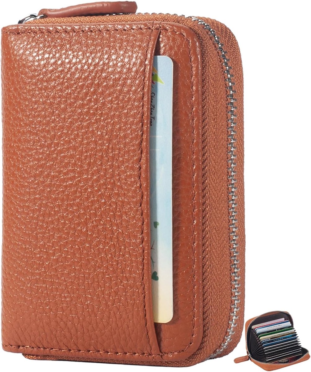 Creditcardhouder Echt Lederen RFID Blokkerende Portefeuilles Rits Card Case Dames Portemonnee Kleine Compacte Accordeon ID Portemonnee voor Vrouwen en Mannen, Bruin, S, Modern