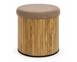 Ronde Opbergkruk Houtlook – Taupe Zitkussen – Ø38 x 38 cm – Opbergpoef en Zitkruk met Opbergruimte – Taupe
